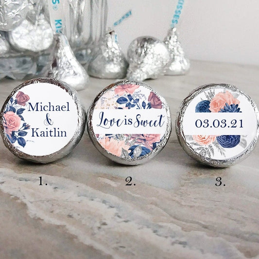 Printed Chocolate Kiss Stickers / Blush and Navy Flowers - BD22