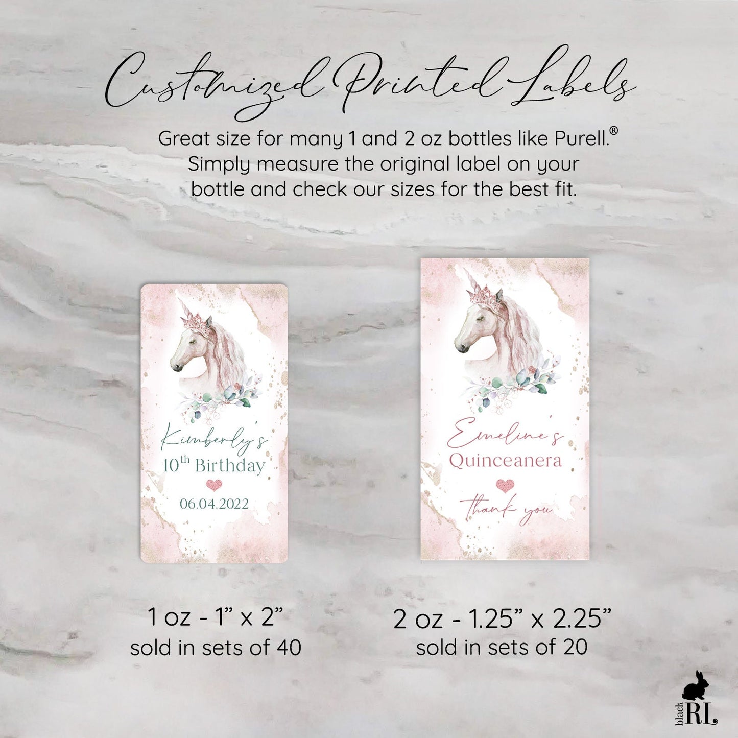 Printed Small Hand Sanitizer Labels / Pink Glitter Crown on Unicorn - UN21