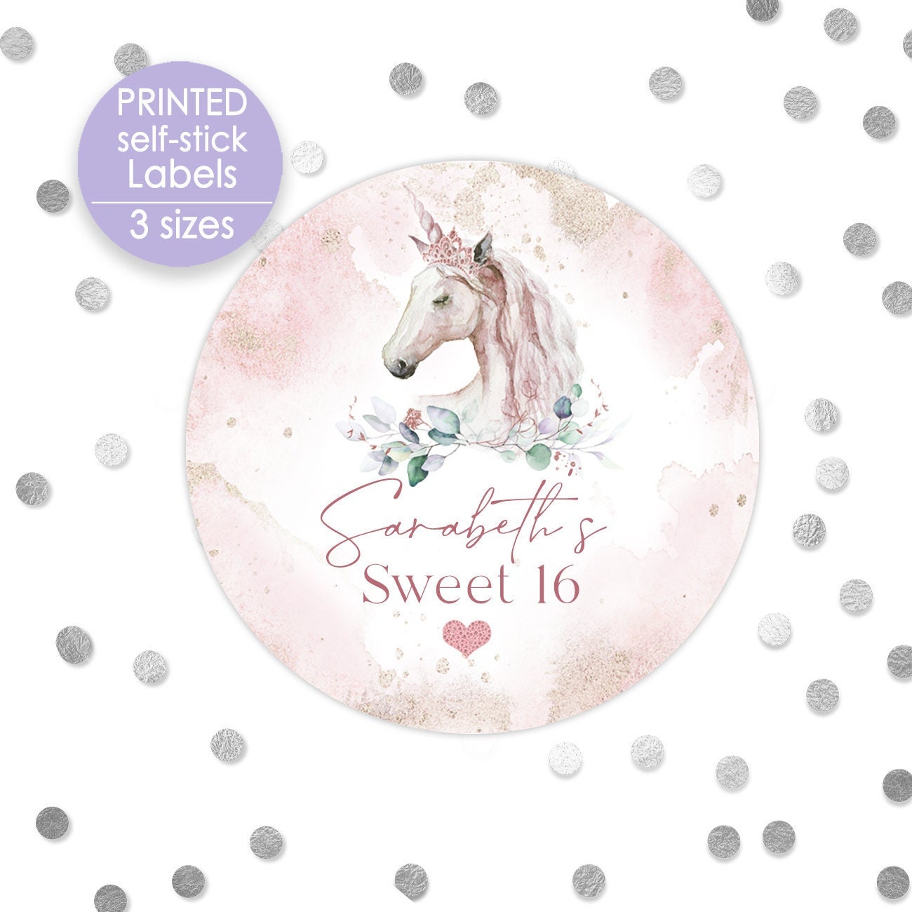 Printed Round Labels in 3 Sizes / Unicorn Dreams - UN21