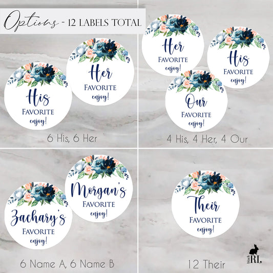 Printed His & Her Favorite Labels or Choose Their, Our, or Names / Large Dusty Blue and Peach Blooms - DB19