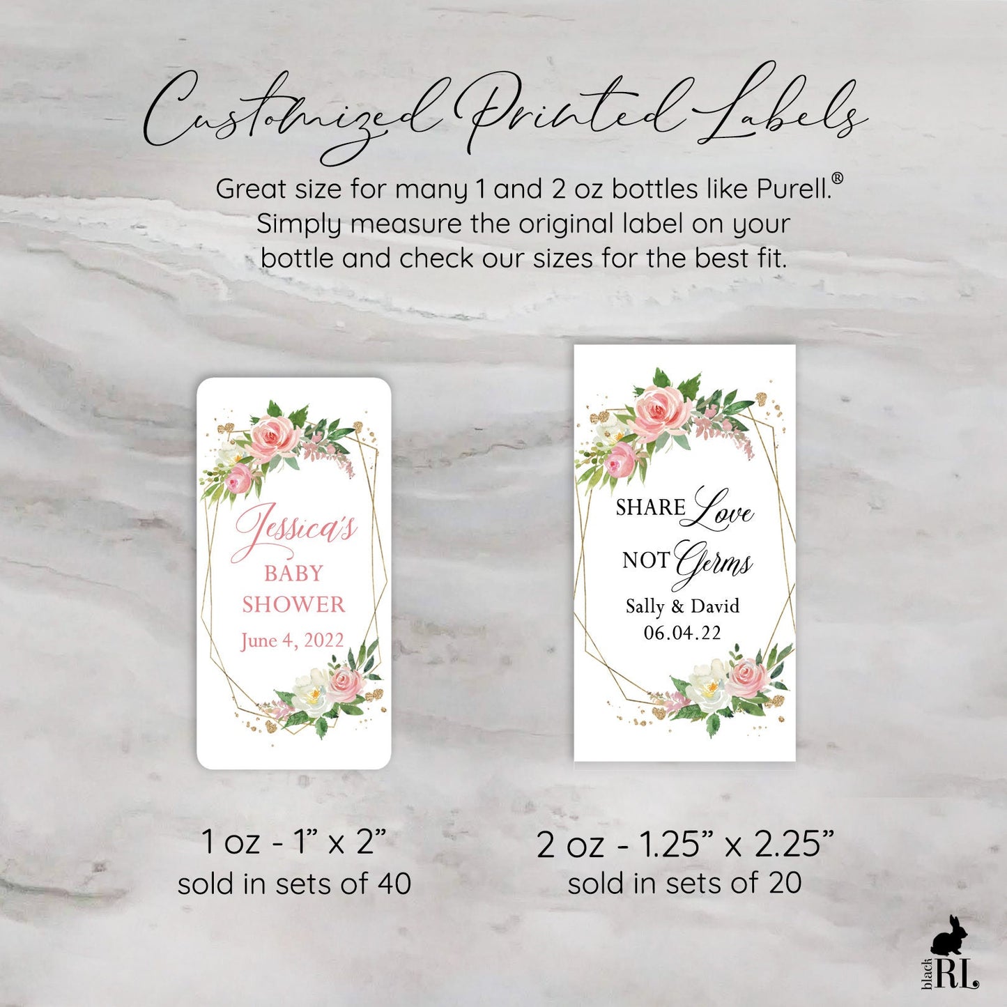 Printed Small Hand Sanitizer Labels / Victorian Roses in Gold Geometric - VC22