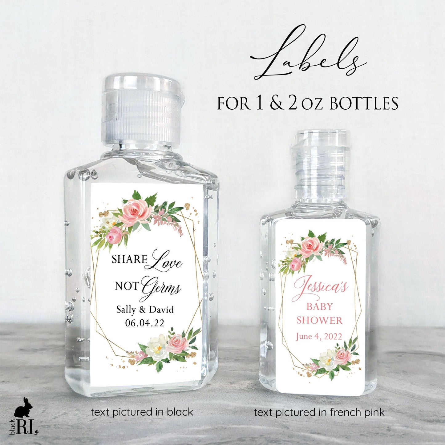 Printed Small Hand Sanitizer Labels / Victorian Roses in Gold Geometric - VC22