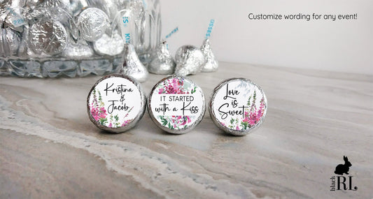 Printed Chocolate Kiss Stickers / Emerald & Fuchsia Blooms - EF22