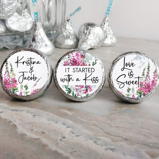 Printed Chocolate Kiss Stickers / Emerald & Fuchsia Blooms - EF22