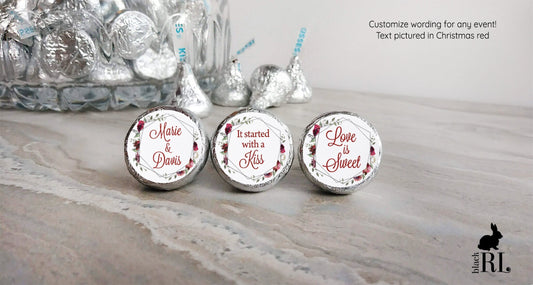 Printed Chocolate Kiss Stickers / Burgundy Red Flowers in Silver Frame - RQ19