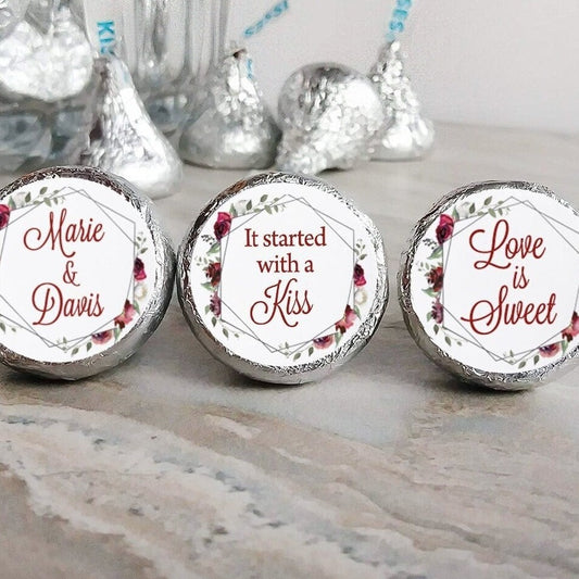 Printed Chocolate Kiss Stickers / Burgundy Red Flowers in Silver Frame - RQ19