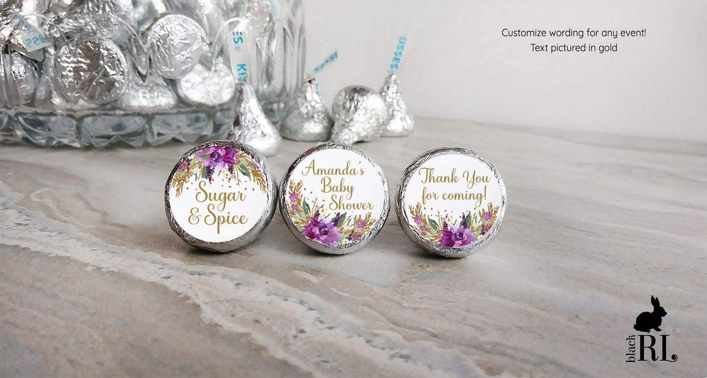Printed Chocolate Kiss Stickers / Purple Flowers and Gold Glitter - MP18