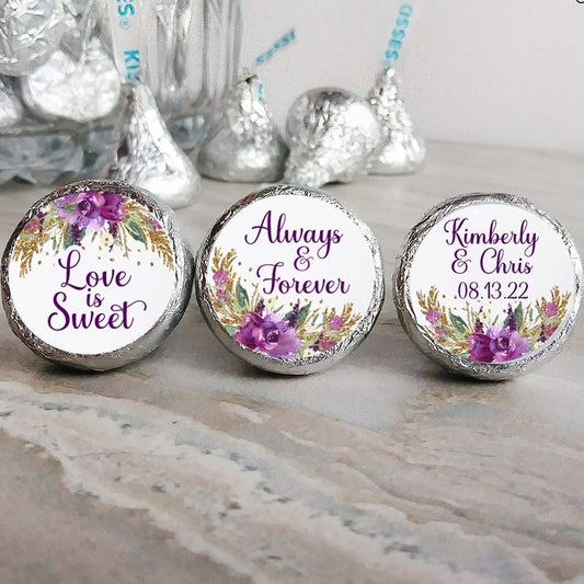 Printed Chocolate Kiss Stickers / Purple Flowers and Gold Glitter - MP18