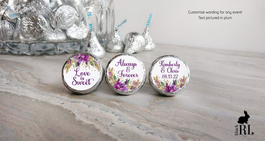 Printed Chocolate Kiss Stickers / Purple Flowers and Gold Glitter - MP18
