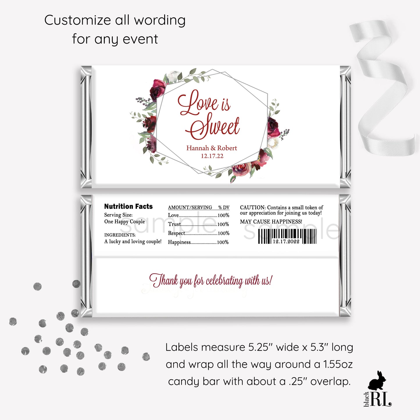 Printed Labels for Full Size Candy/Chocolate Bar / Burgundy Flowers in Silver Shape - RQ19