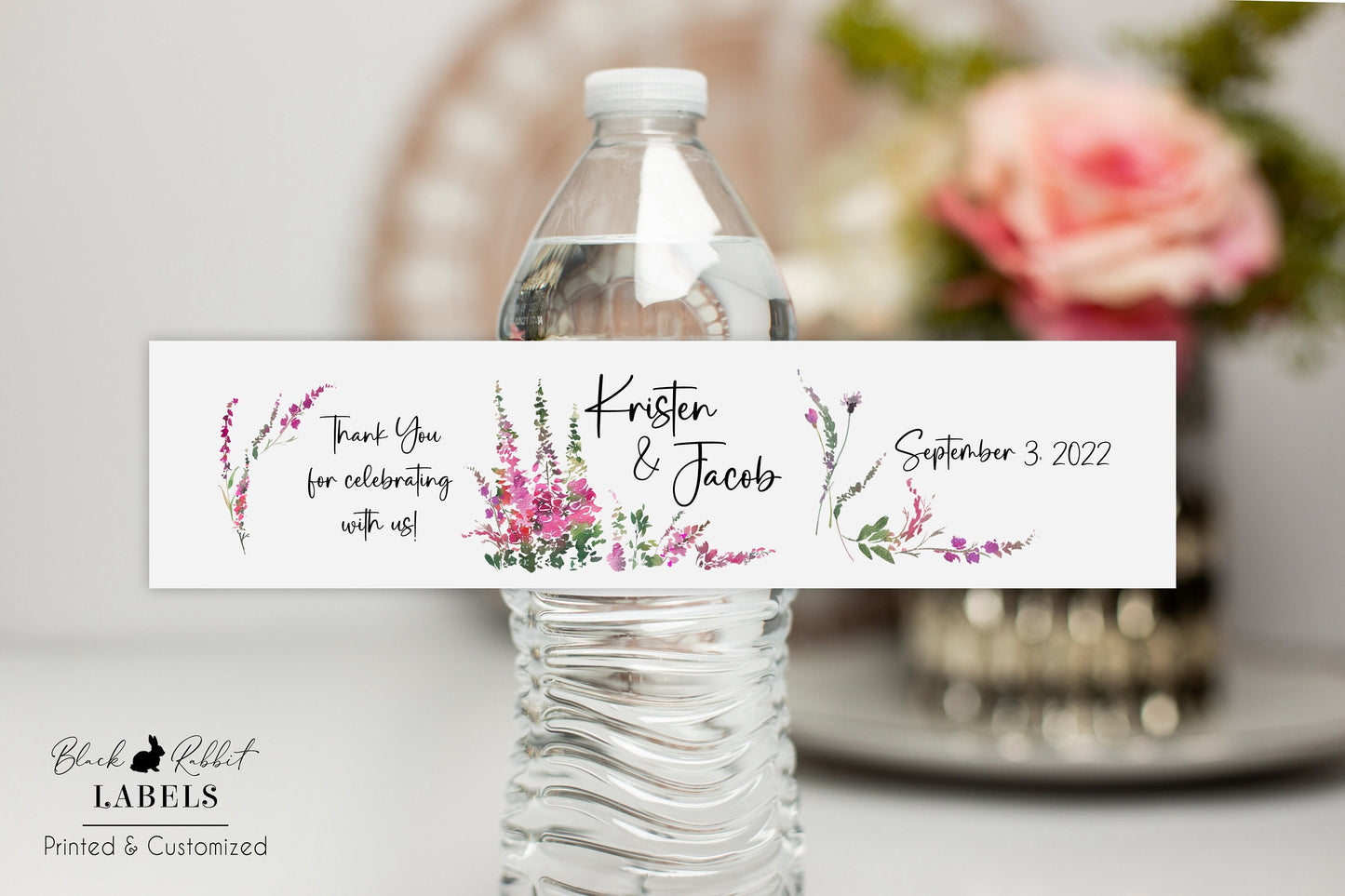 Printed Personalized Water Bottle Labels / Emerald and Fuchsia Blooms - EF22
