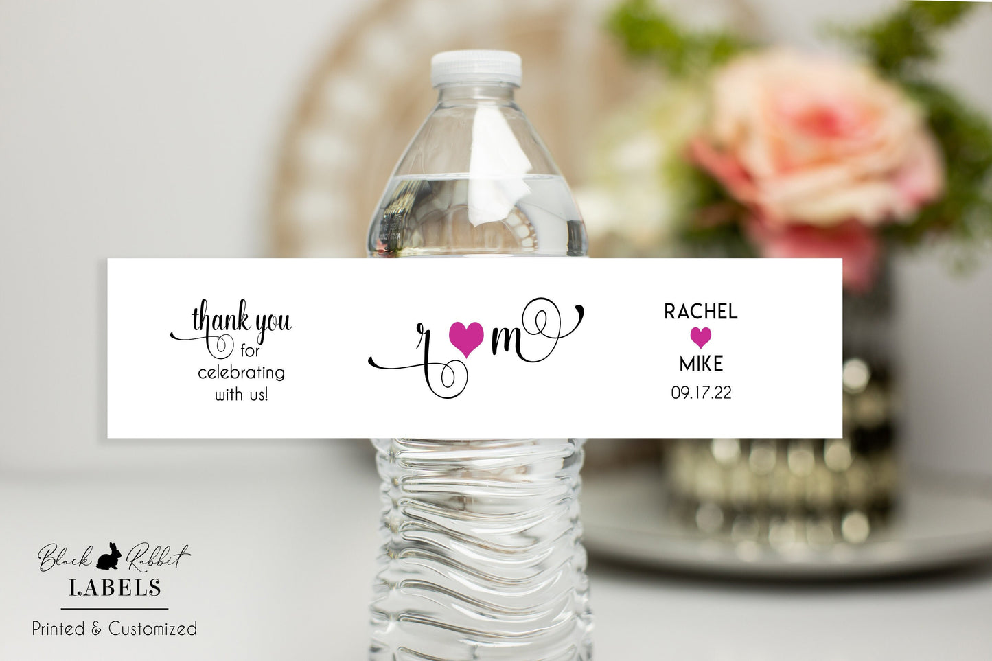 Printed Personalized Water Bottle Labels / Modern Script Hearts - SM20