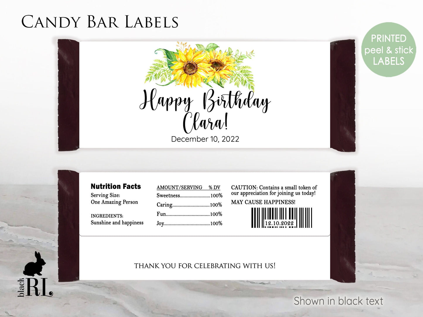 Printed Labels for Full Size Candy/Chocolate Bar / Sunflower Bouquet - SF19