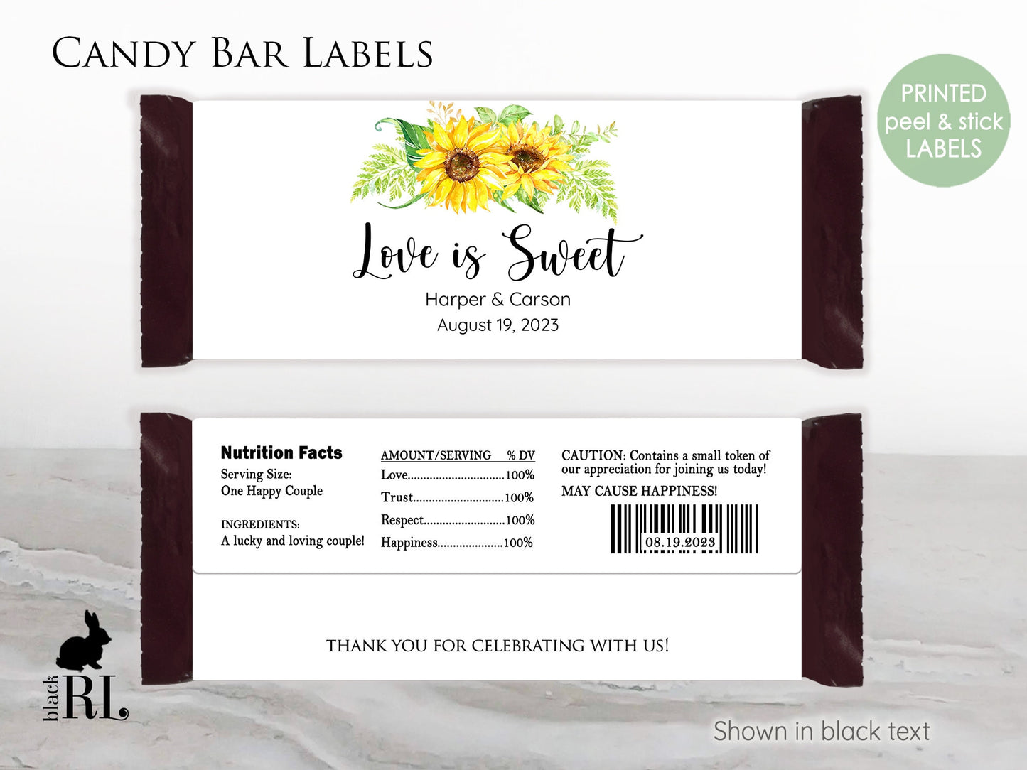 Printed Labels for Full Size Candy/Chocolate Bar / Sunflower Bouquet - SF19