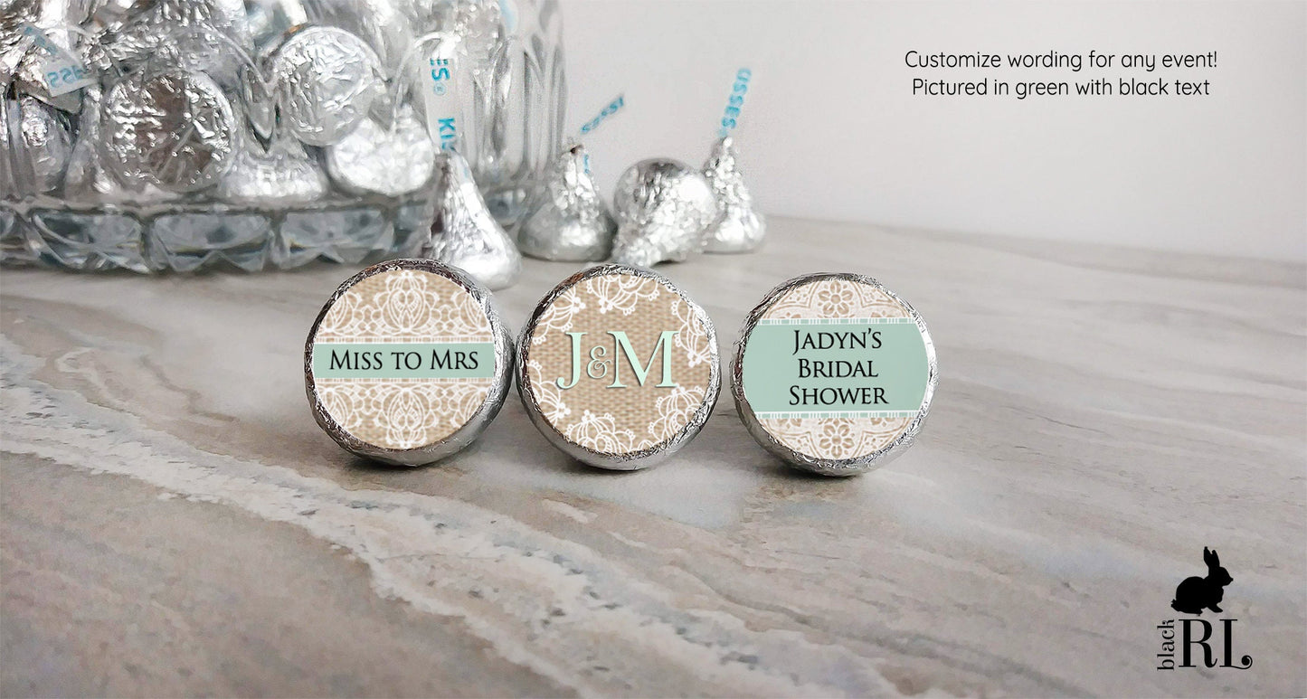 Printed Chocolate Kiss Stickers / Burlap and Lace Stickers - BR16