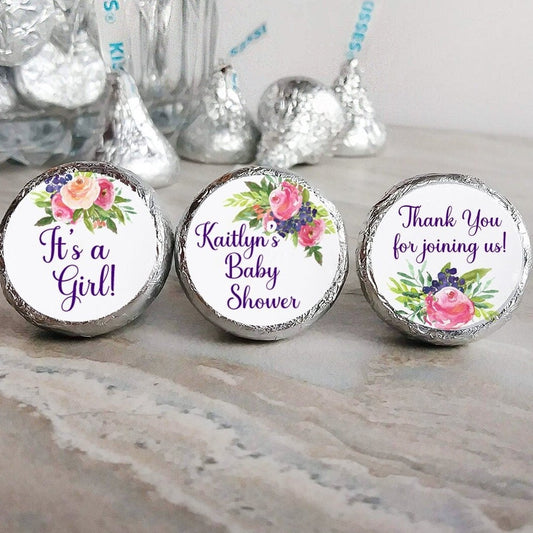 Printed Chocolate Kiss Stickers / Bright pink, peach and purple roses - MG17