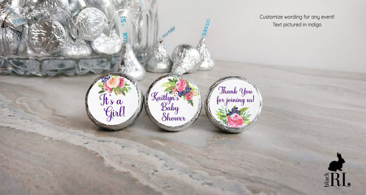 Printed Chocolate Kiss Stickers / Bright pink, peach and purple roses - MG17