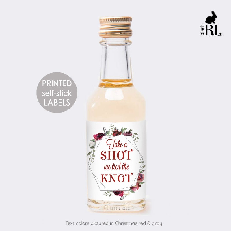 Printed Mini Liquor Bottle Labels / Red Roses and Silver Frame - RQ19