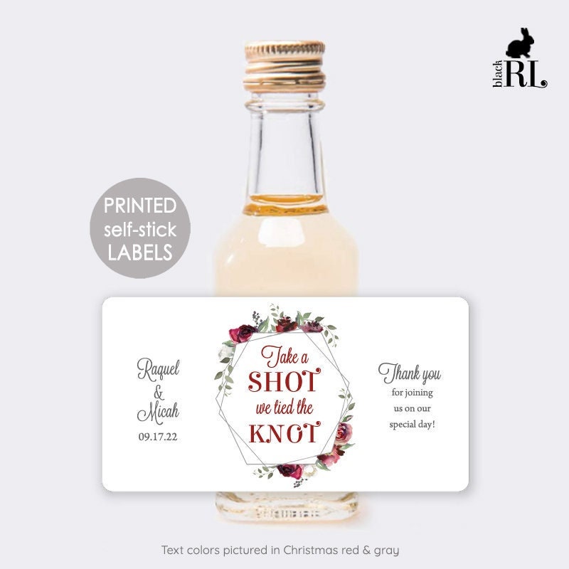 Printed Mini Liquor Bottle Labels / Red Roses and Silver Frame - RQ19