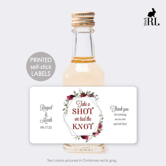 Printed Mini Liquor Bottle Labels / Red Roses and Silver Frame - RQ19