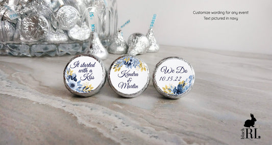 Printed Chocolate Kiss Stickers / Navy and Gold Flowers - NG19