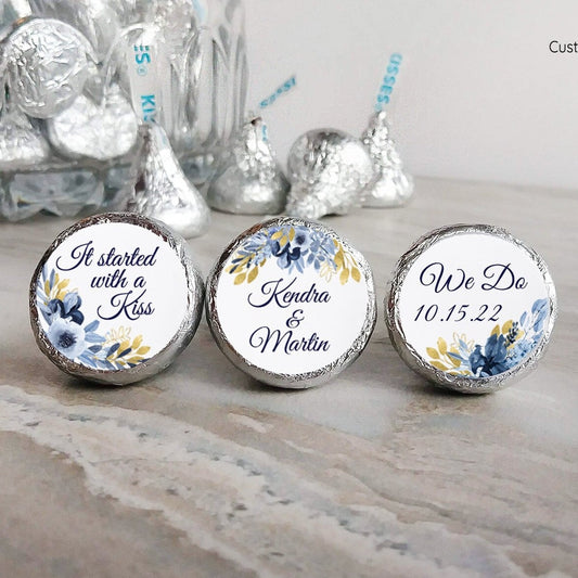 Printed Chocolate Kiss Stickers / Navy and Gold Flowers - NG19