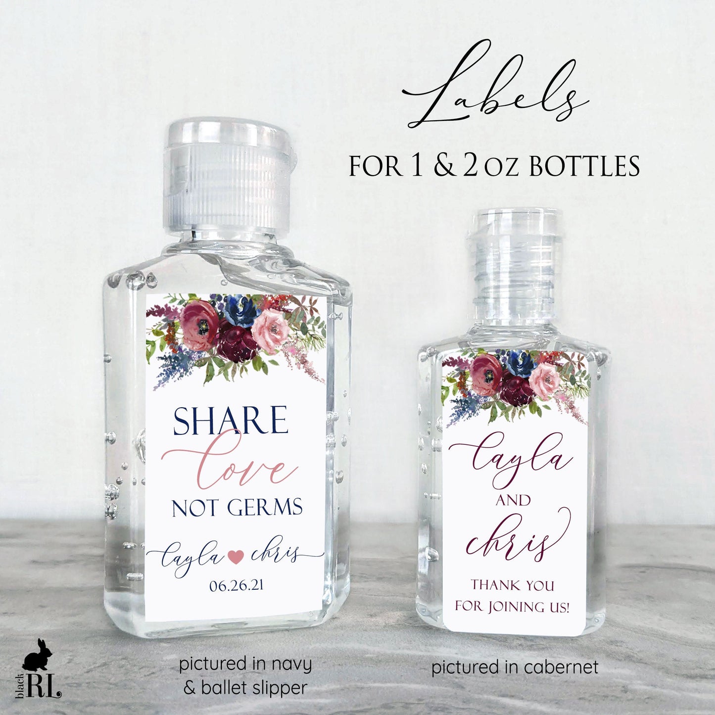 Printed Small Hand Sanitizer Labels / Navy and Burgundy Red Flowers - NR21