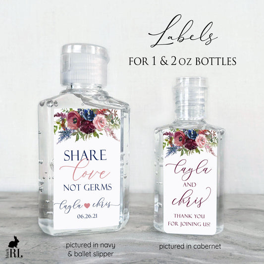 Printed Small Hand Sanitizer Labels / Navy and Burgundy Red Flowers - NR21