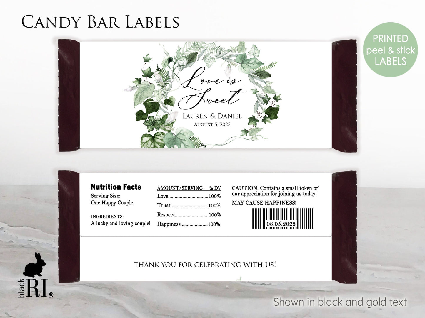 Printed Labels for Full Size Candy/Chocolate Bar / Ivy Greenery Wreath - IV22