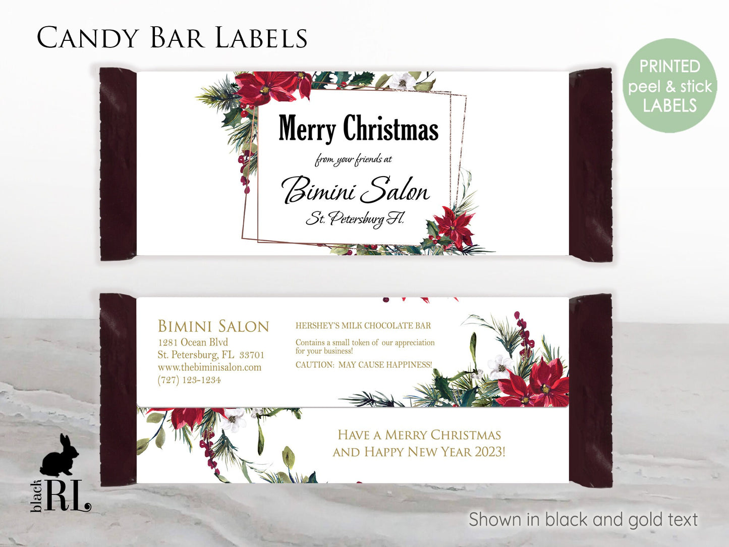 Printed Labels for Full Size Candy/Chocolate Bar / Christmas Poinsettias - PN21