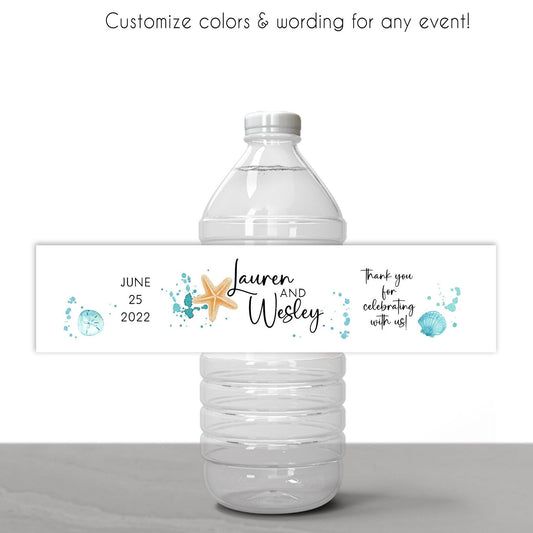 Printed Personalized Water Bottle Labels / Beach, Starfish & Waves - SA22