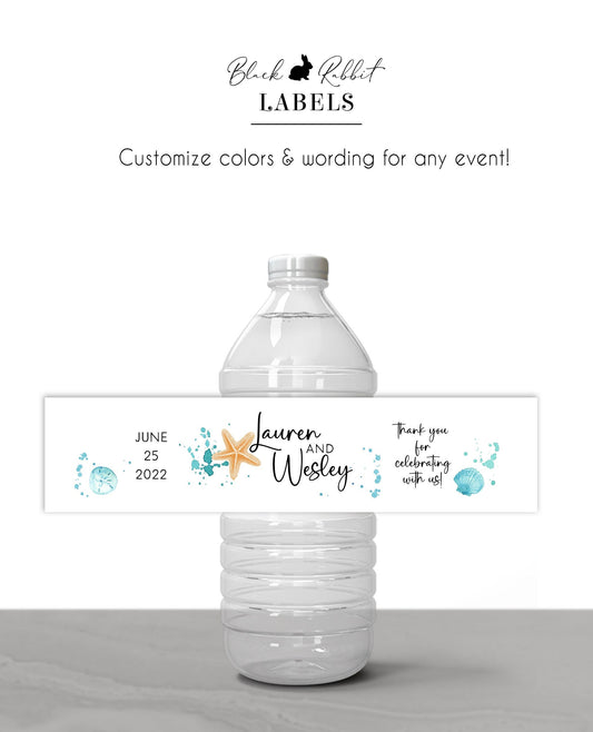 Printed Personalized Water Bottle Labels / Beach, Starfish & Waves - SA22