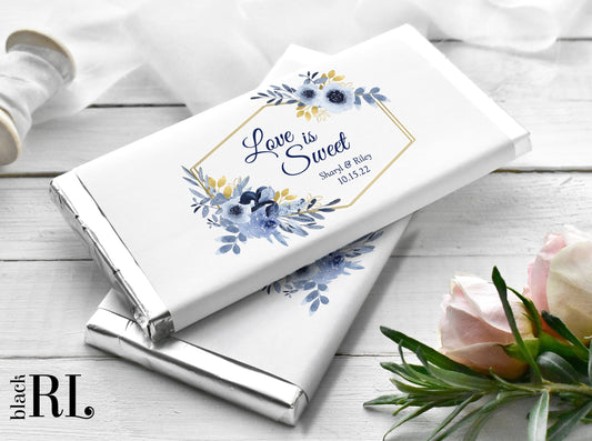 Printed Labels for Full Size Candy/Chocolate Bar / Navy Flowers in Gold Geometric Shape - NG19