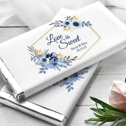Printed Labels for Full Size Candy/Chocolate Bar / Navy Flowers in Gold Geometric Shape - NG19
