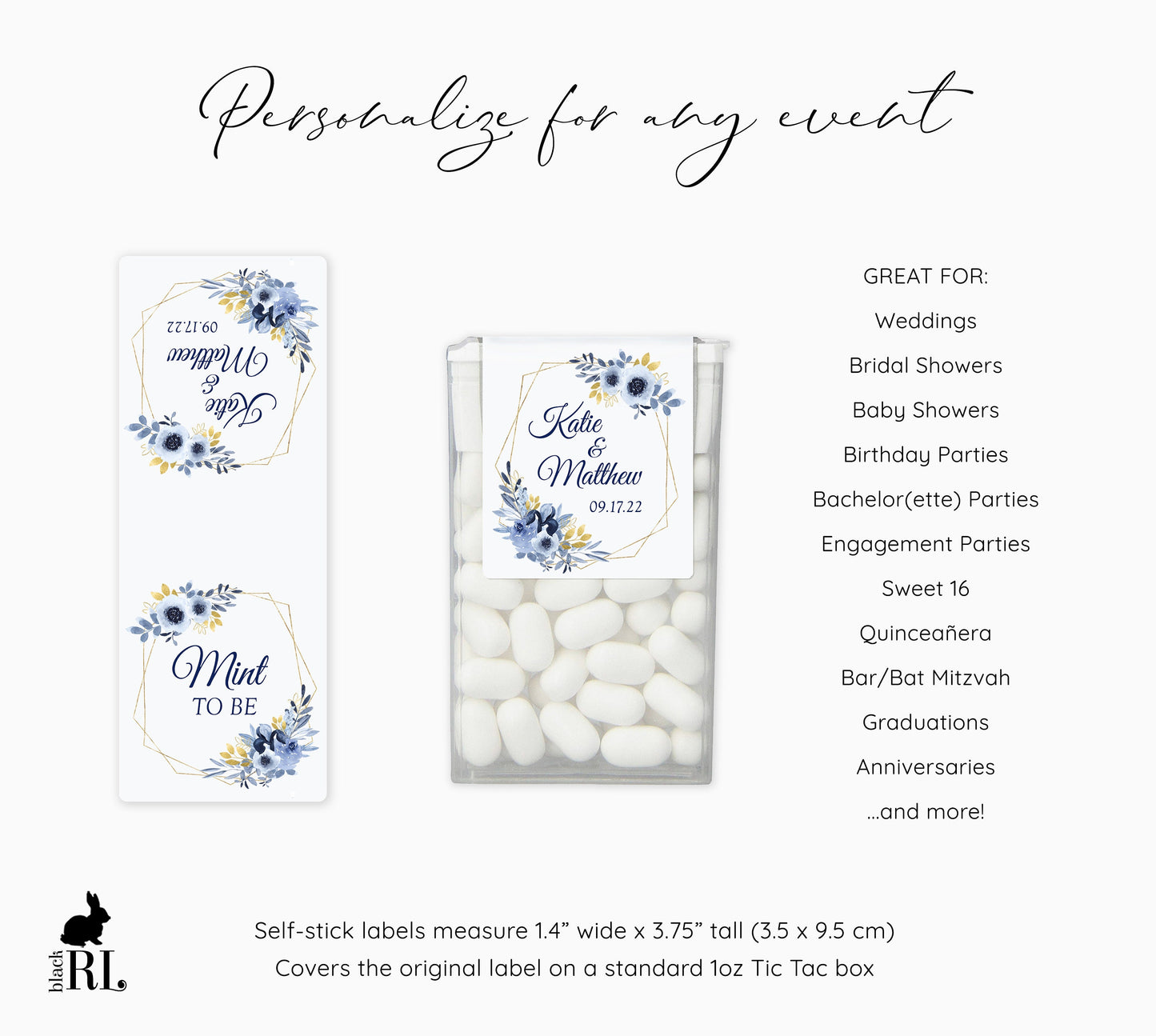 Printed Tic Tac® Labels / Navy Flowers in Gold Geometric Shape - NG19