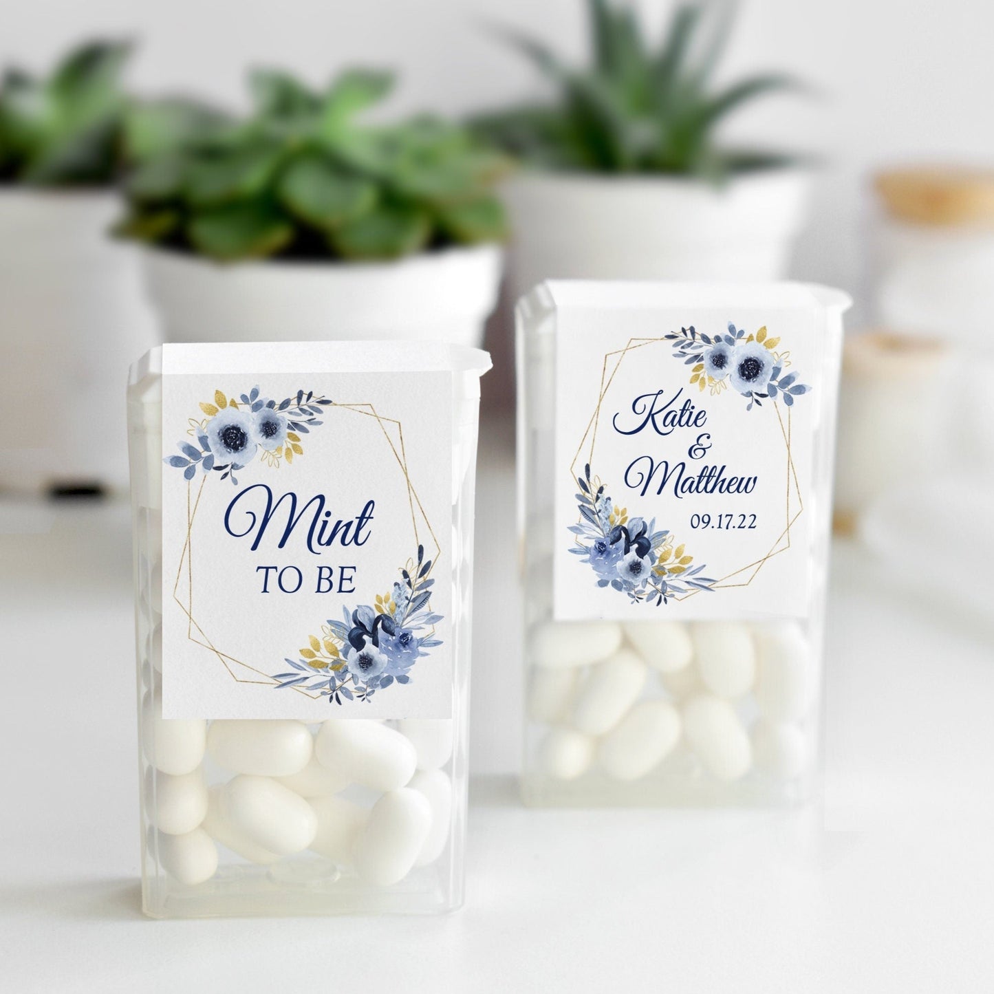 Printed Tic Tac® Labels / Navy Flowers in Gold Geometric Shape - NG19