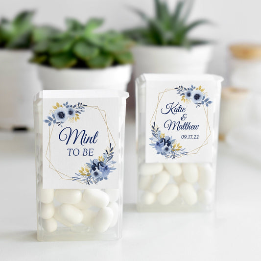 Printed Tic Tac® Labels / Navy Flowers in Gold Geometric Shape - NG19