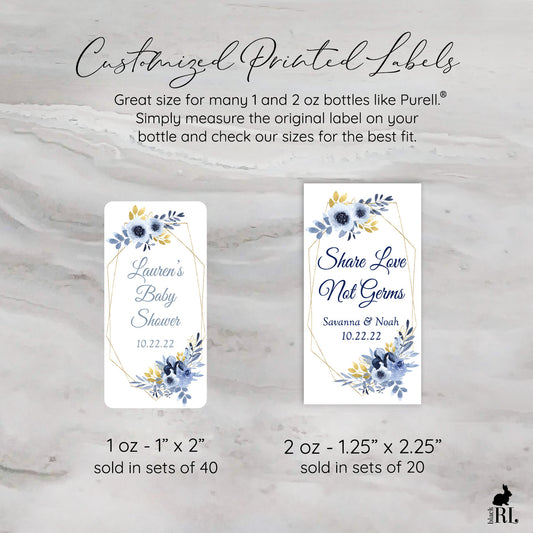Printed Small Hand Sanitizer Labels / Navy and Gold Flowers - NG19