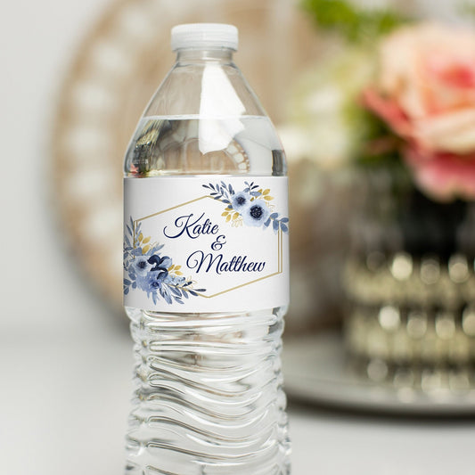 Printed Personalized Water Bottle Labels / Navy and Gold Flowers - NG19