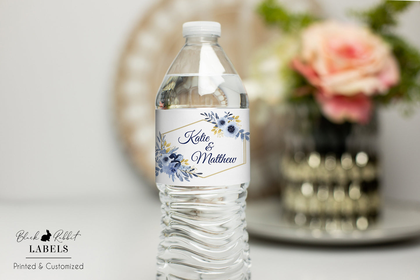Printed Personalized Water Bottle Labels / Navy and Gold Flowers - NG19