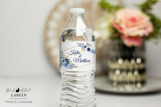 Printed Personalized Water Bottle Labels / Navy and Gold Flowers - NG19