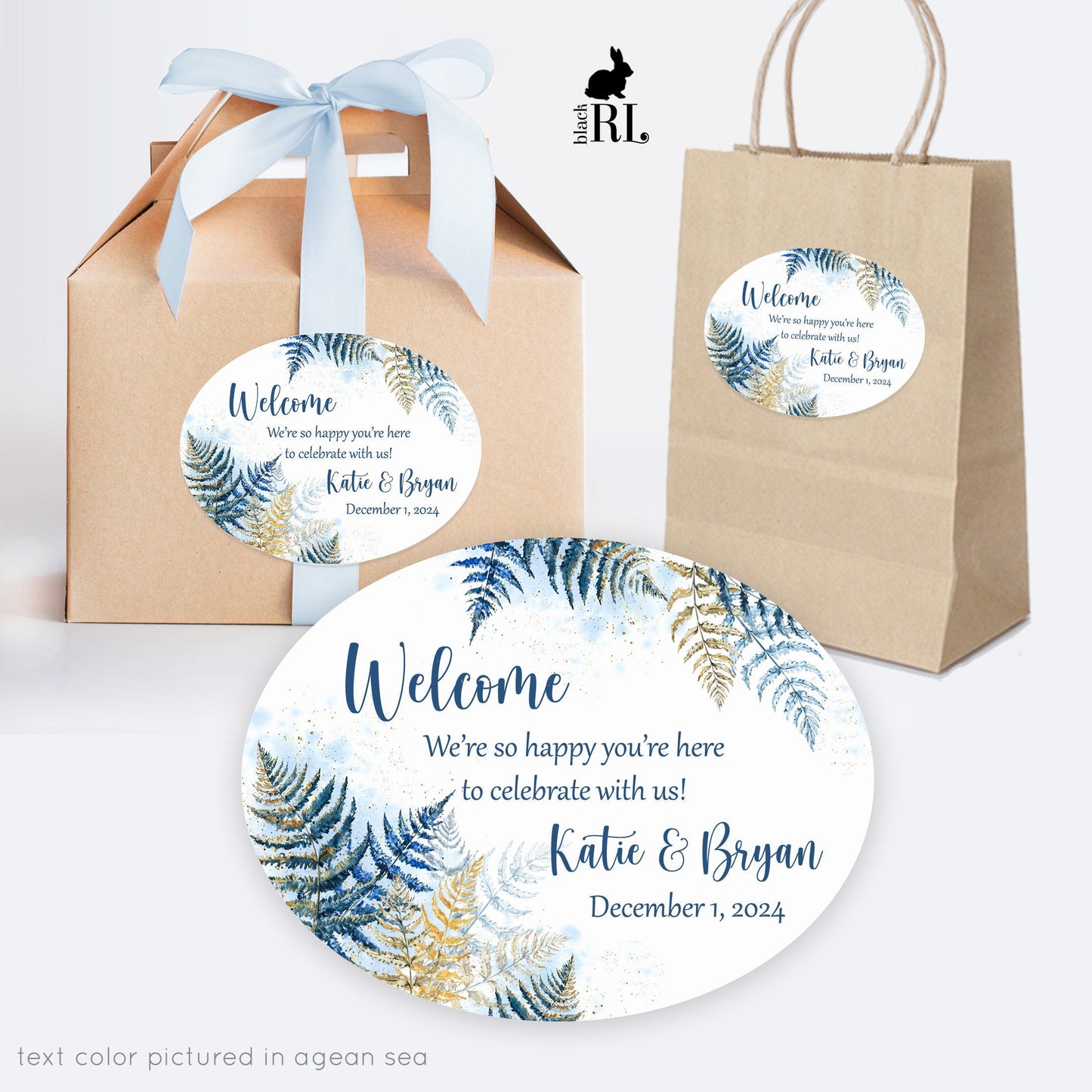 Printed Oval Bag and Box Labels / Winter Blue Ferns -  BL22