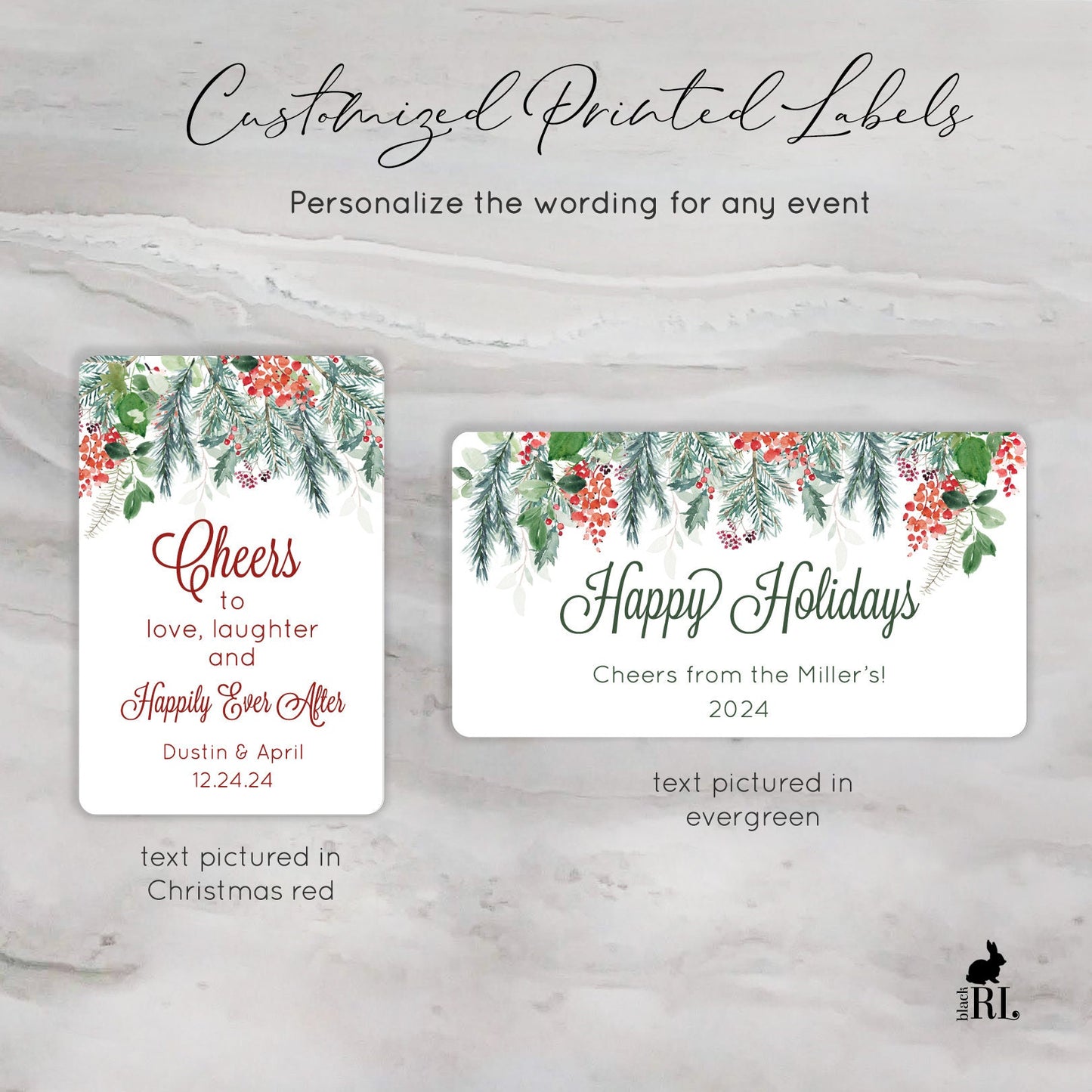 Printed Mini Wine or Mini Champagne Bottle Labels / Evergreen Branches & Holly / HC1321