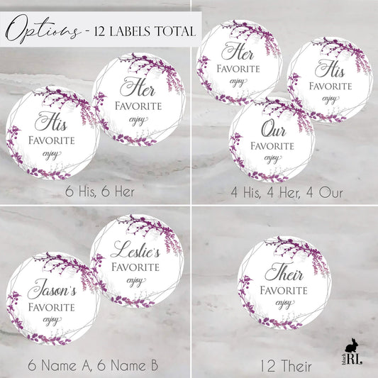 Printed His & Her Favorite Labels or Choose Their, Our, or Names / Purple Flowers in Silver Frame - PX19