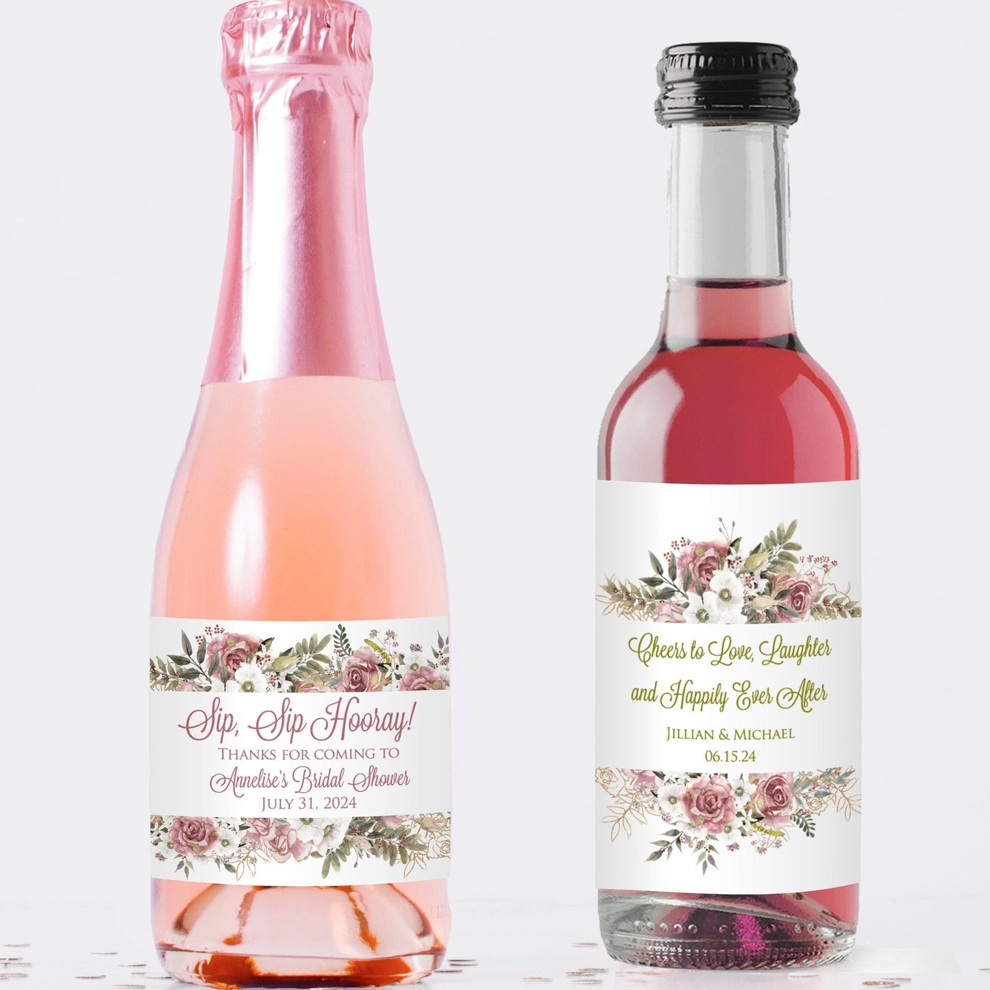 Printed Mini Wine or Mini Champagne Bottle Labels / Wild Rose Bouquet / RA22
