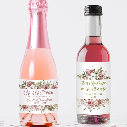 Printed Mini Wine or Mini Champagne Bottle Labels / Wild Rose Bouquet / RA22
