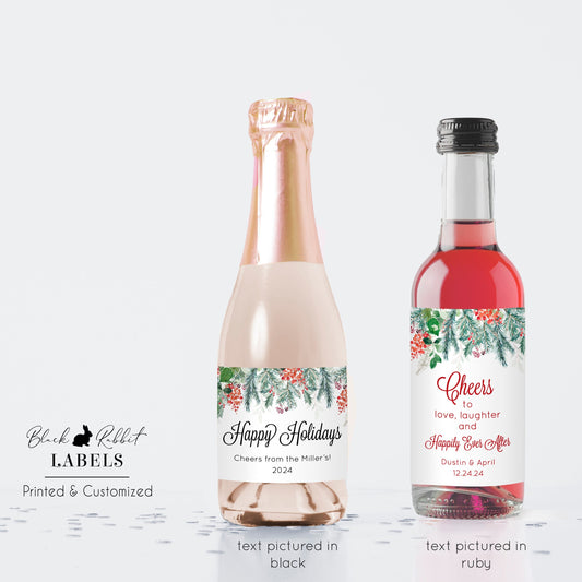 Printed Mini Wine or Mini Champagne Bottle Labels / Evergreen Branches & Holly / HC1321