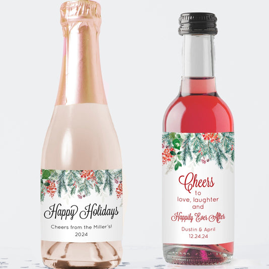 Printed Mini Wine or Mini Champagne Bottle Labels / Evergreen Branches & Holly / HC1321