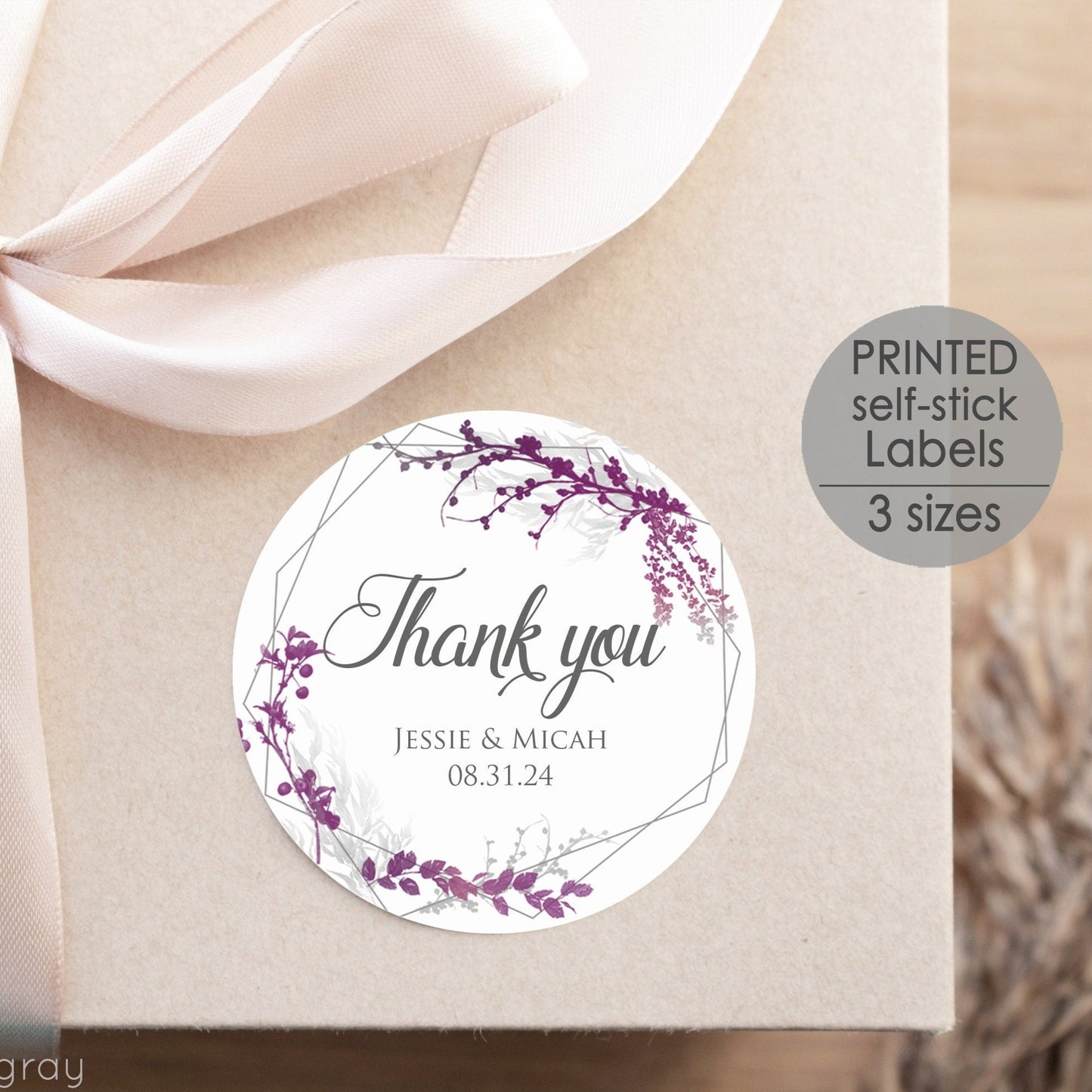 Printed Round Labels in 3 Sizes / Purple Flowers in Silver Geometric Frame  - PX19