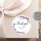 Printed Round Labels in 3 Sizes / Purple Flowers in Silver Geometric Frame  - PX19